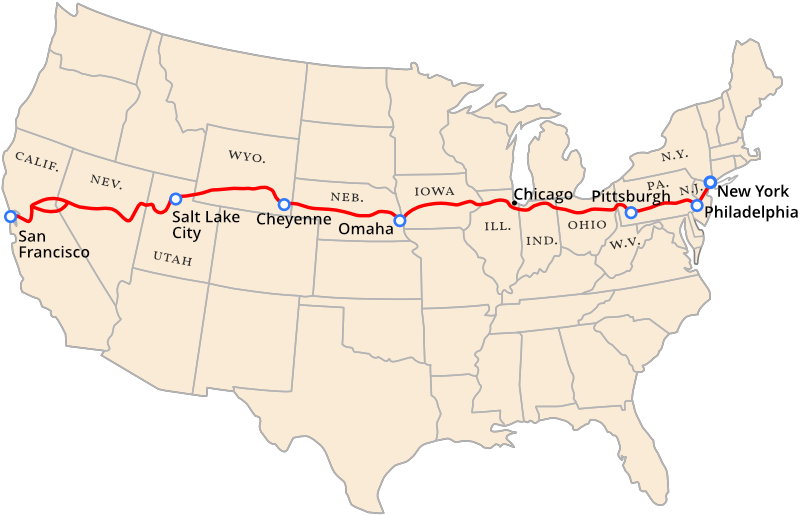 The Lincoln Highway route across the United States